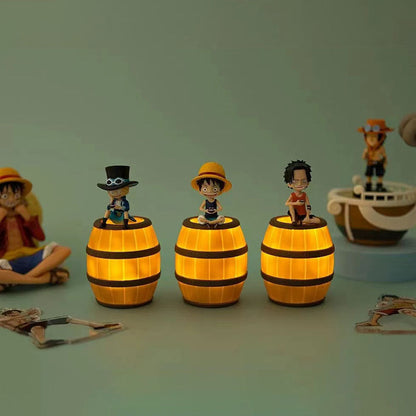 One Piece Anime Figure Night Light, Luffy Ace Sabo Barrel Table Lamp, Q Version Brother Figurine with Warm LED Light, PVC Collectible Statue, Desktop Decor Gift for One Piece Fans