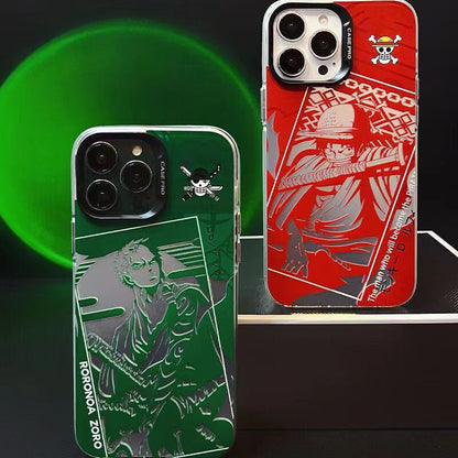 One Piece Luffy Zoro Anime Phone Case for iPhone, Manga Silver Foil Print Protective Cover, Straw Hat Pirates Character Phone Shell, Shockproof Slim Phone Case, Anime Gift for One Piece Fans