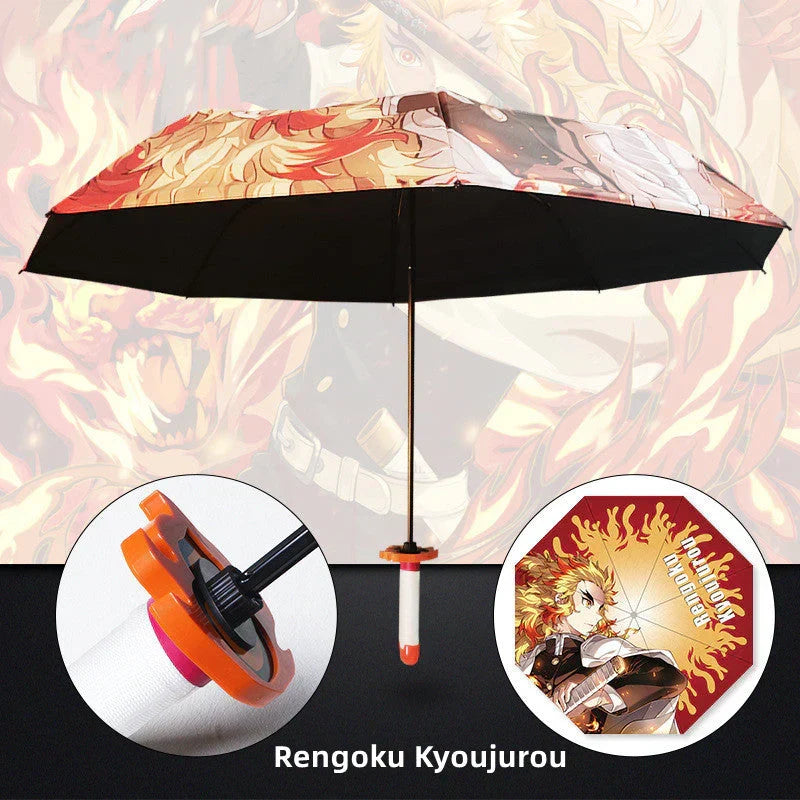 Demon Slayer Anime Katana Sword Umbrella, Nichirin Sword Shape Handle Folding Umbrella, Tanjiro Rengoku Shinobu Giyuu Printed Sun Rain Umbrella, Demon Slayer Merch Cosplay Gift for Anime Fans