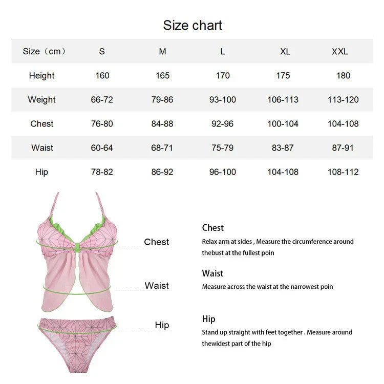 Demon Slayer Nezuko Kamado Two Piece Swimsuit, Anime Cosplay Tankini Bikini Set, Pink Geometric Pattern Halter Swimwear for Women, Anime Beach Bathing Suit