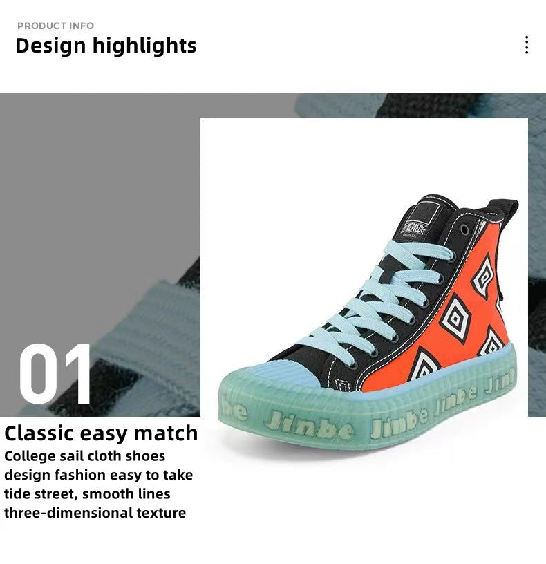 One Piece Jinbe High Top Canvas Sneakers for Men Women, Orange Black Geometric Pattern Anime Skate Shoes, Unisex Lace-Up Translucent Light Blue Thick Cookie Sole Streetwear Cosplay Casual Shoes, Anime Fan Collectible Gift