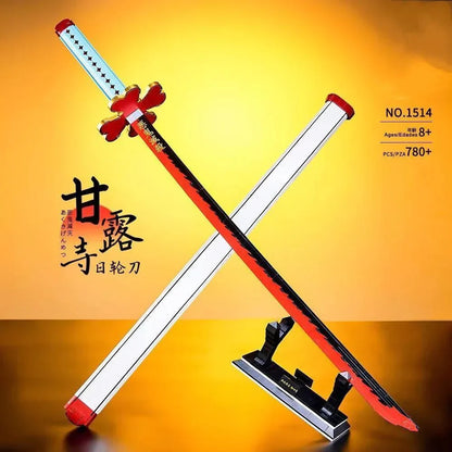 Demon Slayer Nichirin Sword Building Block Set, Kanroji Mitsuri Anime Katana Model with Display Stand, Cosplay Samurai Sword Bricks Kit, Collectible Building Toy for Demon Slayer Fans