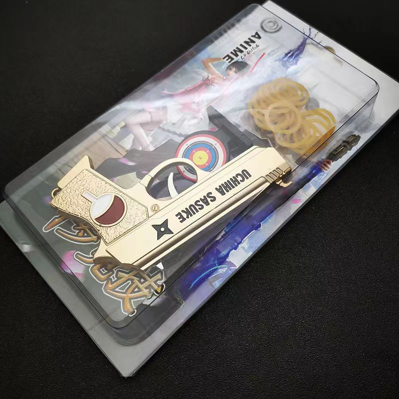 Naruto Anime Mini Rubber Band Gun Keychain, Metal Foldable Model Key Ring, Anime Collectible Ornament, Comes with Rubber Bands & Paper Target, Pocket Size Desk Display Decor Gift for Naruto Fans