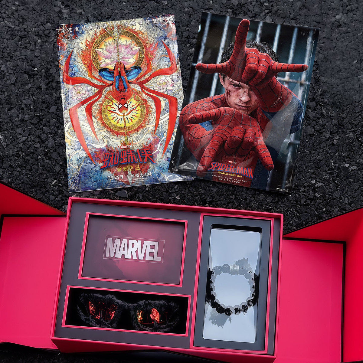 Marvel Spider-Man Natural Obsidian Beaded Bracelet Stainless Steel Spider Logo Charm Black Stone Beads Stretch Elastic Wristband Men Fashion Jewelry Streetwear Accessory Gift Box For Fans