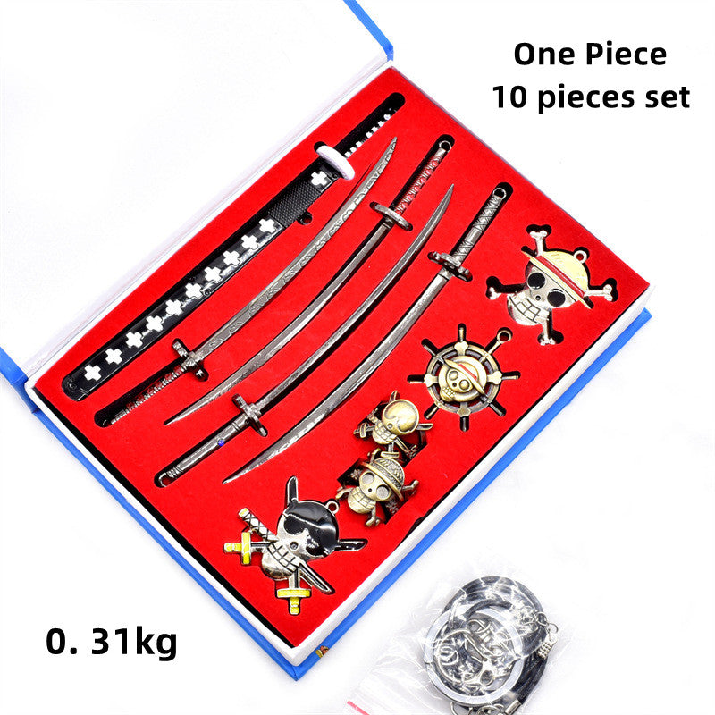 One Piece Zoro Mini Katana Collection Set 10Pcs, Metal Mini Sword Replica with Straw Hat Pirates Jolly Roger Pendant, Anime Weapon Model Keychain Gift Box, One Piece Collectible Desk Decor, Fan Merch Gift