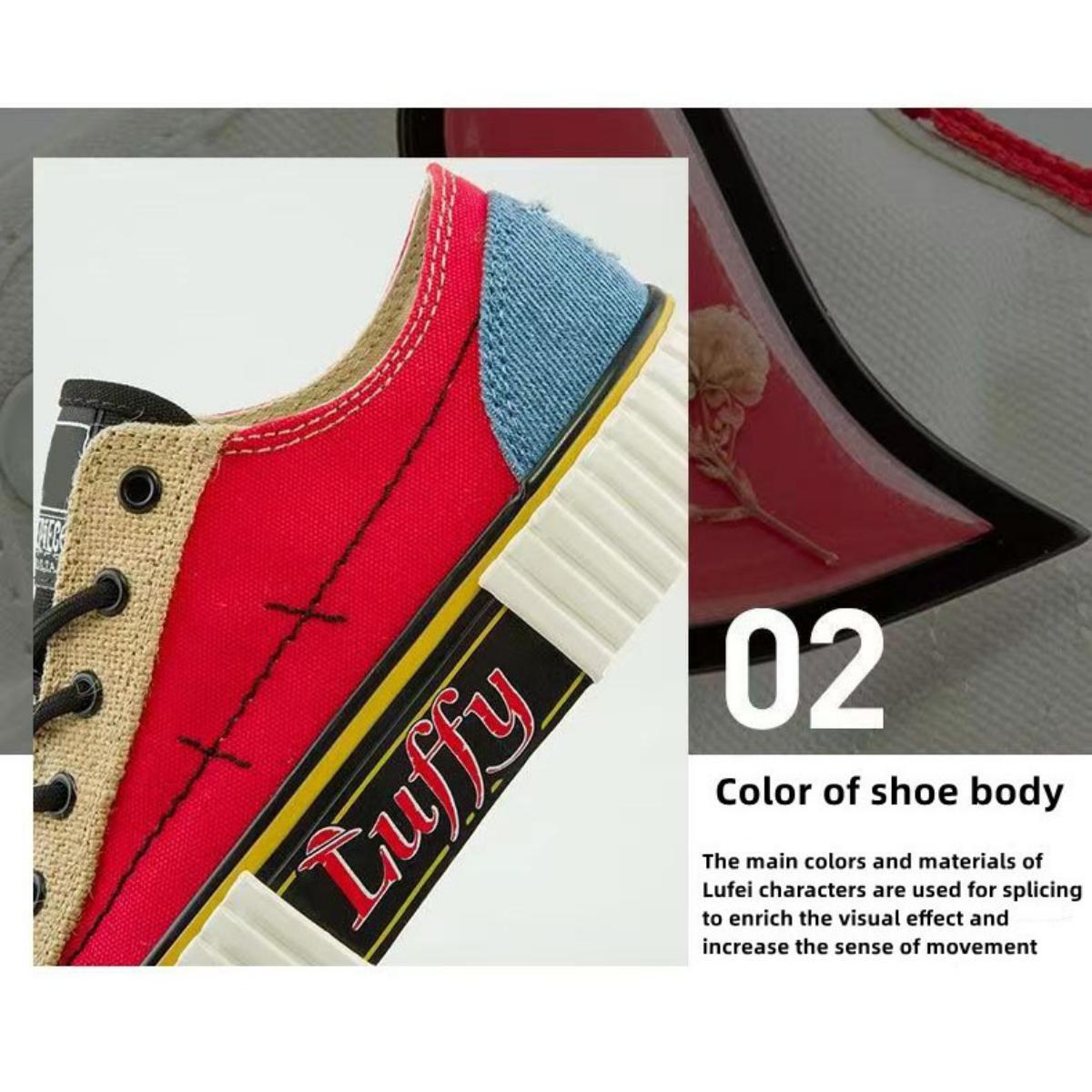 One Piece Luffy Patchwork Low Top Canvas Sneakers, Unisex Lace-Up Cookie Thick Sole Skate Shoes, Color Block Anime Casual Walking Footwear, One Piece Anime Streetwear Sneakers, Anime Fan Collectible Gift