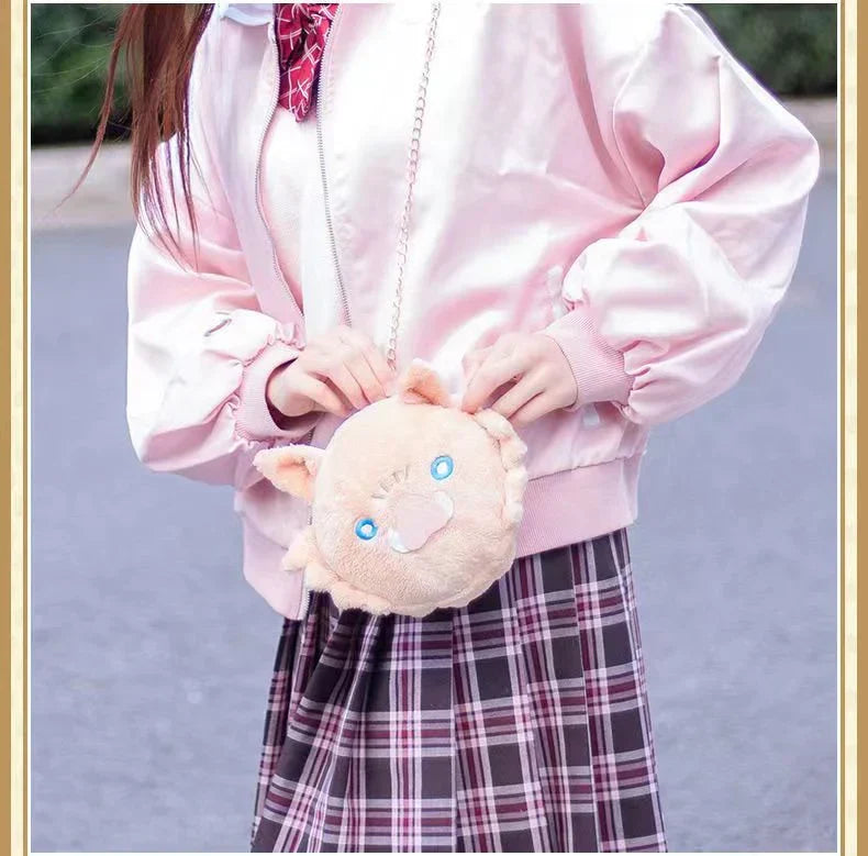 Demon Slayer Inosuke Hashibira Plush Crossbody Bag, Kimetsu No Yaiba Boar Mask Cute Plush Purse, Anime Character Chain Shoulder Bag, Small Zipper Coin Bag Collectible Gift for Demon Slayer Fans