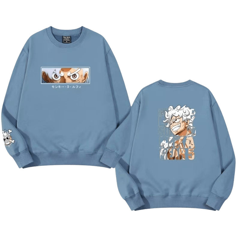 One Piece Luffy Nika Anime Crewneck Sweatshirt, Long Sleeve Pullover Sweater, Multi Color Casual Streetwear, Loose Fit Anime Print Sweatshirt, Gift for One Piece Fans