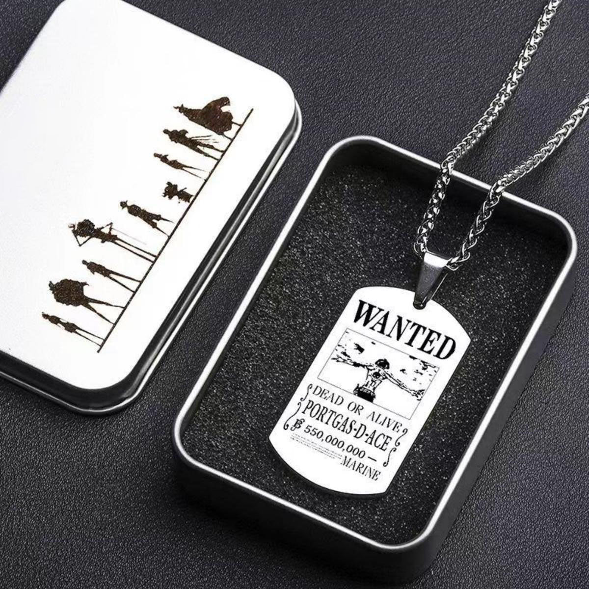 One Piece Portgas D Ace Necklace, Ace Spinning Pendant with Wanted Poster Dog Tag, Anime Whitebeard Pirates Enamel Rotatable Charm Necklace, Cosplay Jewelry Gift for One Piece Fans