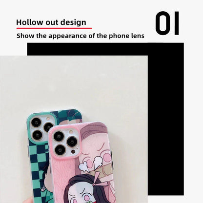 Demon Slayer Cute Chibi Tanjiro Nezuko Phone Case, Kawaii Cartoon Anime Protective Cover, Soft Shockproof Silicone Phone Shell for iPhone, Demon Slayer Manga Fan Merch Gift