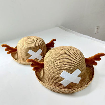 One Piece Tony Tony Chopper Cosplay Straw Hat, Anime Chopper Antler Bucket Hat, Multicolor Summer Sun Hat, Anime Costume Accessory Gift for One Piece Fans