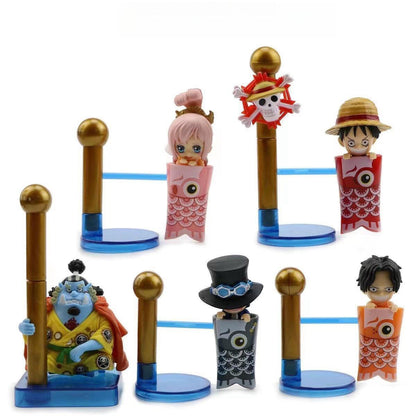 One Piece Carp Streamer Mini Figure, WCF Luffy Ace Sabo Jinbe Shirahoshi Anime Statue, Cute Koinobori Character Figurine Collectible Model Toy, Desk Decoration Gift for One Piece Fans