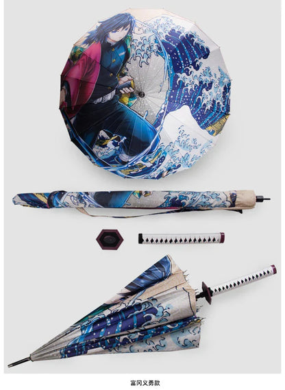 Demon Slayer Anime Katana Sword Umbrella, Nichirin Sword Shape Long Handle Umbrella, Tanjiro Zenitsu Rengoku Printed Sun Rain Stick Umbrella with Shoulder Strap, Demon Slayer Cosplay Merch Gift for Anime Fans