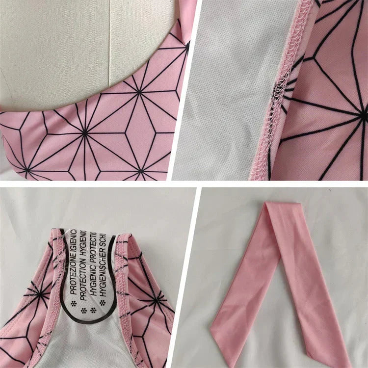 Demon Slayer Nezuko Kamado One Piece Swimsuit, Anime Cosplay One Shoulder Bathing Suit, Pink Geometric Pattern Belted Swimwear for Women, Summer Beach Swimming Costume