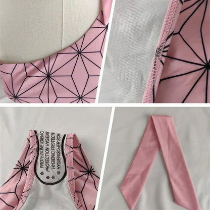 Demon Slayer Nezuko Kamado One Piece Swimsuit, Anime Cosplay One Shoulder Bathing Suit, Pink Geometric Pattern Belted Swimwear for Women, Summer Beach Swimming Costume