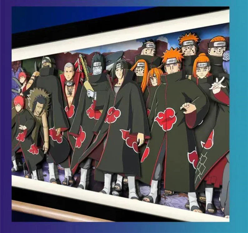 Naruto Akatsuki Group 3D Paper Cut Shadow Box Framed Art, Handmade Layered Papercraft Wall Decor, Anime Picture Frame, Fan Collectible Room Decor Gift