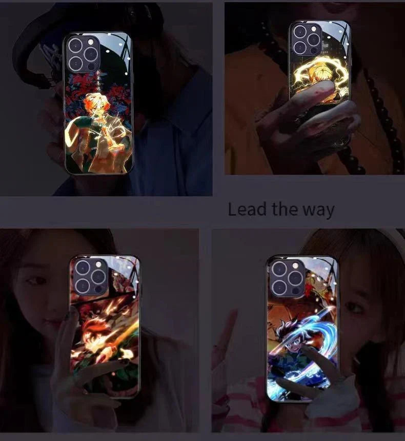 `Demon Slayer Anime Light Up Phone Case, Smart Sound Activated Flash Glowing Glass Back Cover, Shockproof Protective Phone Case for iPhone, Anime Tanjiro Zenitsu Case Gift`