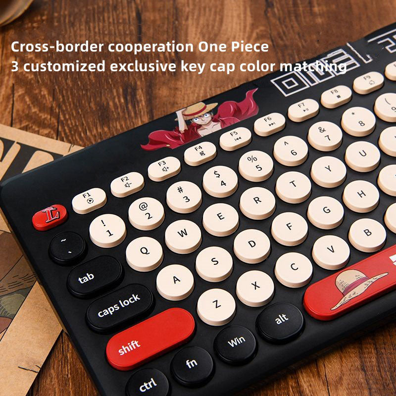 One Piece Wireless Keyboard and Mouse Set, Retro Round Punk Keycaps Anime Keyboard Mouse Combo, 2.4G Portable Cute Wireless Keyboard Mouse Kit for Laptop PC Desktop, One Piece Fans Gift