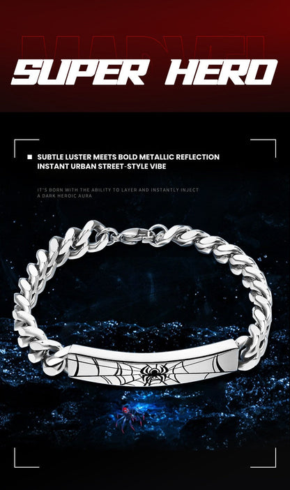 Marvel Spider‑Man Engraved Cuban Link Bracelet 304 Stainless Steel Spider Web Pattern Wrist Jewelry Gift For Men