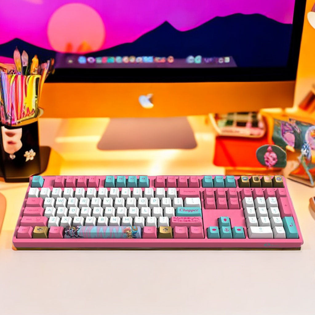 One Piece Chopper Mechanical Keyboard, Pink Anime Themed 104 Keys Full Size Wired Gaming Keyboard, PBT Custom Anime Keycaps Mechanical Keyboard for PC Laptop Desktop Gamers One Piece Fans