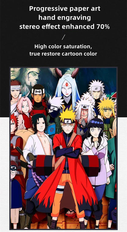 Naruto All Characters 3D Layered Paper Cut Art Frame, Naruto Whole Cast Paper Carving Shadow Box, Handmade Stratified Anime Group Portrait Painting, Wall Decor Collectible Art Gift for Naruto Fans