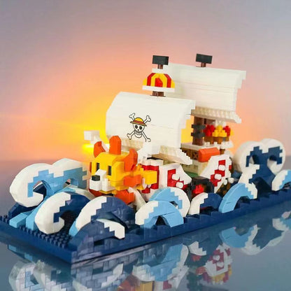One Piece Thousand Sunny Ship in Bottle Micro Building Blocks Set, LED Light Mini Bricks Model with Display Bottle & Wood Stand, DIY Assembly Toy, Desktop Decor, Collectible Gift for Anime Fans