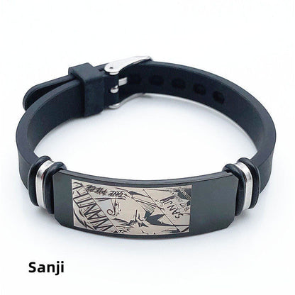 One Piece Anime Bracelet, Wanted Poster Engraved Silicone Wristband, Adjustable Stainless Steel Tag Bracelet, Luffy Zoro Ace Sabo Nami Sanji Chopper Cosplay Jewelry Gift for One Piece Fans