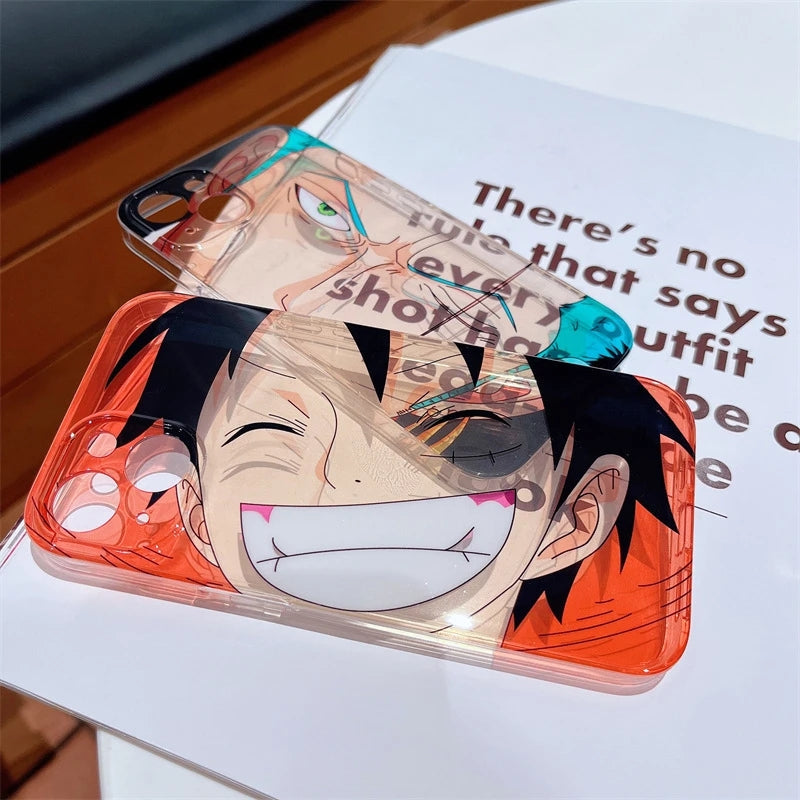 One Piece Anime Big Face Phone Case for iPhone, Luffy Zoro Large Portrait Clear Transparent Shockproof Protective Cover, Straw Hat Pirates Cute Anime Character Phone Shell, Anime Fan Gift
