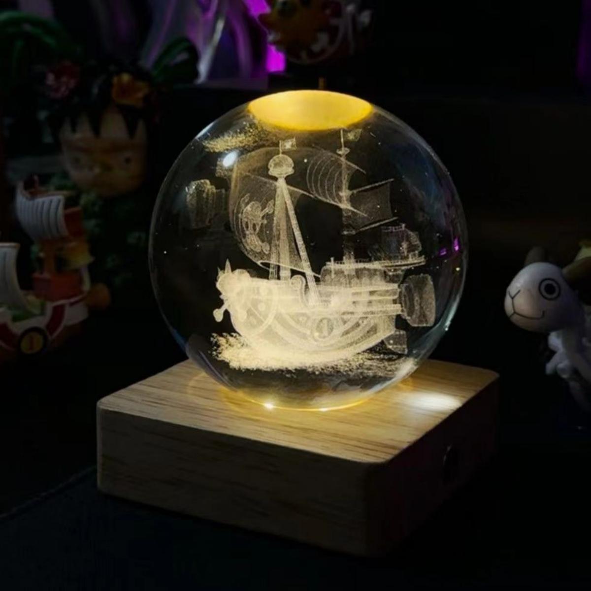 One Piece Thousand Sunny & Going Merry 3D Laser Engraved Crystal Ball Night Light, Anime Pirate Ship Crystal Sphere Lamp, USB Powered Wooden LED Base, Desk Decor Collectible Gift for One Piece Fans