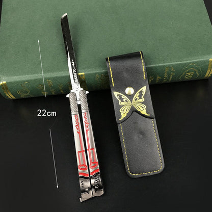 Anime Katana Balisong Trainer, Cosplay Butterfly Knife Trainer, No Blade Dull Safe Practice Sword, Demon Slayer & Naruto Anime Butterfly Knife Model with Leather Sheath, Anime Collection Toy Gift for Fans