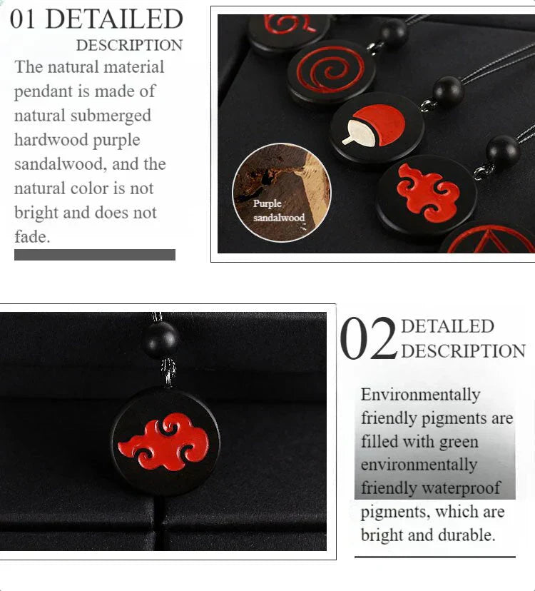 Naruto Anime Symbol Pendant Necklace, Akatsuki Red Cloud Sharingan Konoha Logo Wooden Necklace, Adjustable Rope Chain Cosplay Jewelry, Gift for Naruto Fans