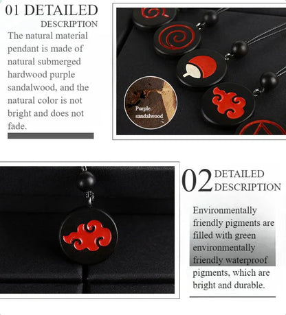 Naruto Anime Symbol Pendant Necklace, Akatsuki Red Cloud Sharingan Konoha Logo Wooden Necklace, Adjustable Rope Chain Cosplay Jewelry, Gift for Naruto Fans