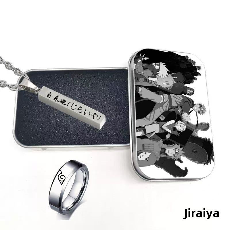 Naruto Uzumaki Anime Jewelry Set, Engraved Name Bar Pendant Necklace + Konoha Symbol Ring, Metal Collectible Gift Box, Anime Cosplay Accessory Gift Set for Naruto Fans