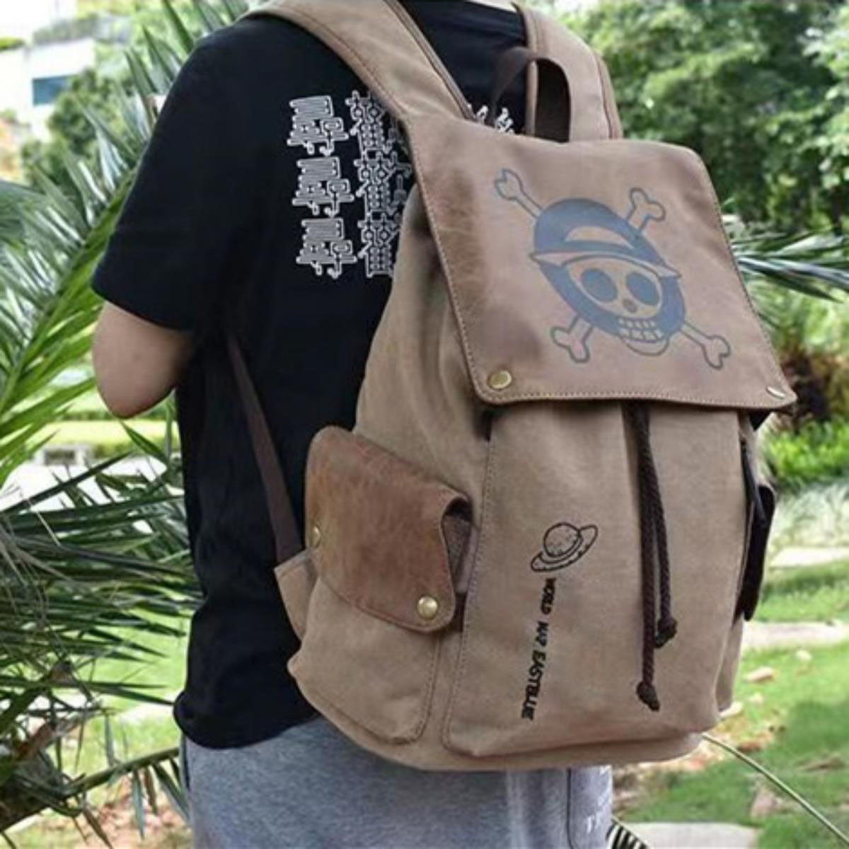 One Piece Straw Hat Pirates Skull Logo Canvas Backpack, Vintage Anime Flap Drawstring Rucksack, Large Capacity School Laptop Bookbag, Casual Travel Daypack, Anime Collectible Gift for One Piece Fans