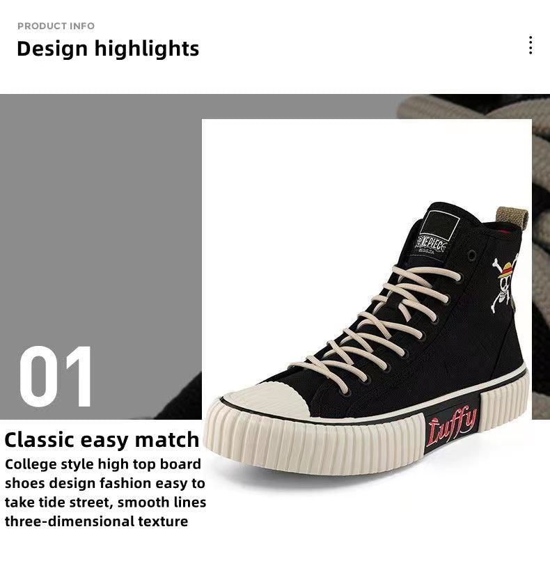 One Piece Luffy High Top Canvas Sneakers for Men Women, Black Anime Embroidery Skull Logo Skate Shoes, Unisex Lace-Up Thick Ribbed Cookie Sole Streetwear Cosplay Casual Shoes, Anime Fan Collectible Gift