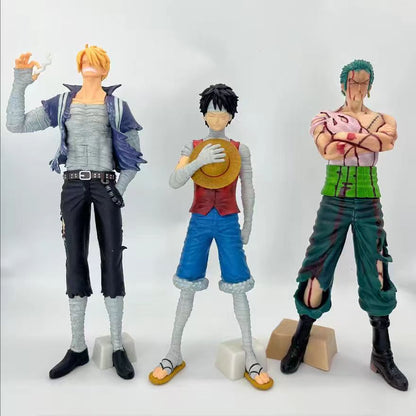 One Piece Anime Figure, Luffy Zoro Sanji Statue, Bandage Wounded Version Collectible Figurine with Extra Head, PVC Model Toy, Desktop Decoration, One Piece Fan Merch Gift