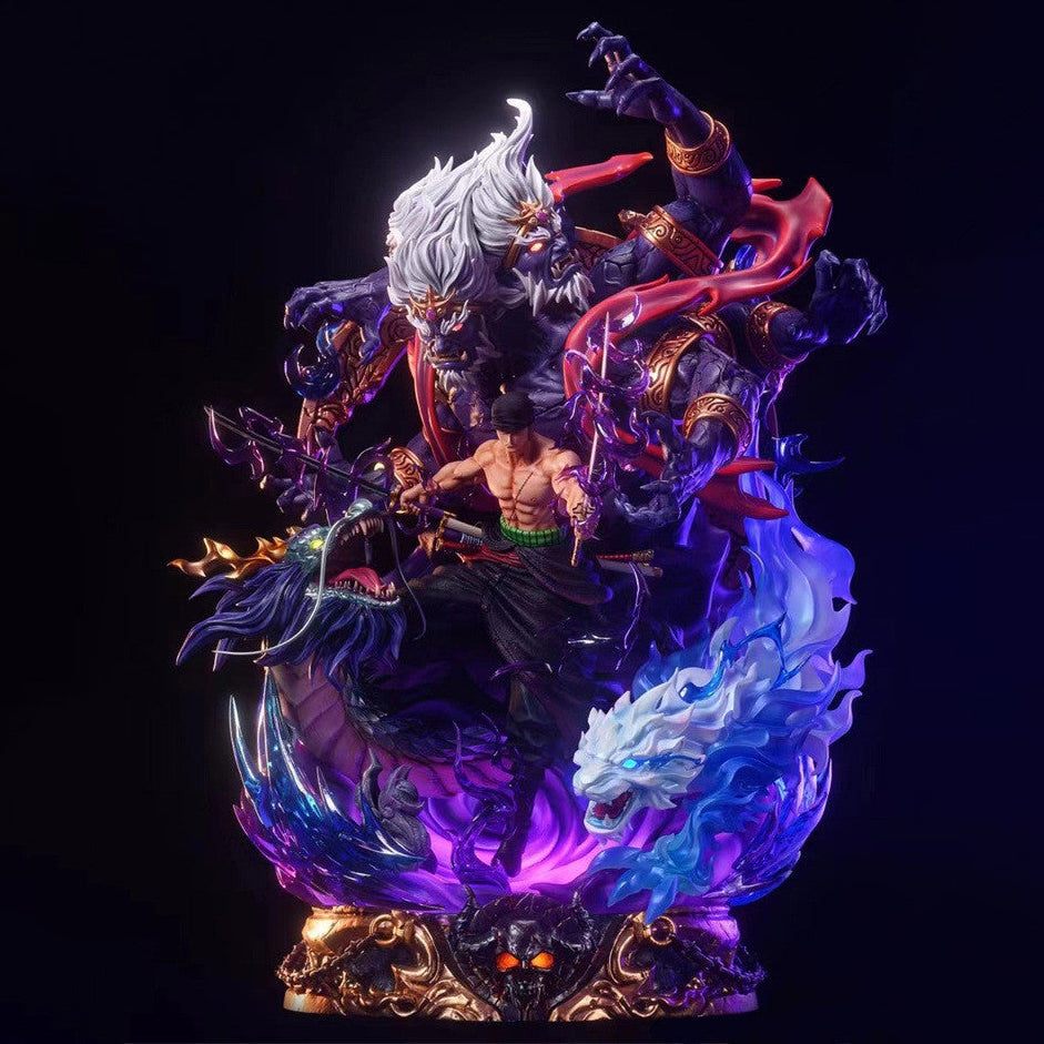 One Piece Roronoa Zoro Hell King Ghost Form Figurine Garage Kit, Luminous Statue with Dragon & Devil Scene, High Detailed Resin Anime Figure, Desktop Display Collectible Ornament, Gift for One Piece Zoro Fans
