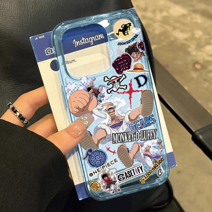 One Piece Luffy Gear 5 Anime Phone Case, Colorful Transparent Shockproof Protective Cover, Nika Luffy Comic Collage Print Case, Cute Pastel Bumper Phone Shell, Anime Merch Gift for iPhone