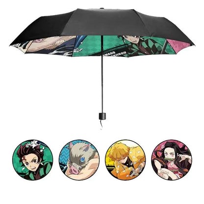 Demon Slayer Anime Folding Umbrella, Tanjiro Nezuko Zenitsu Inosuke Print Portable Compact Travel Umbrella, Sun Rain Protection Windproof Manual Umbrella with Metal Handle, Demon Slayer Fan Merch Gift