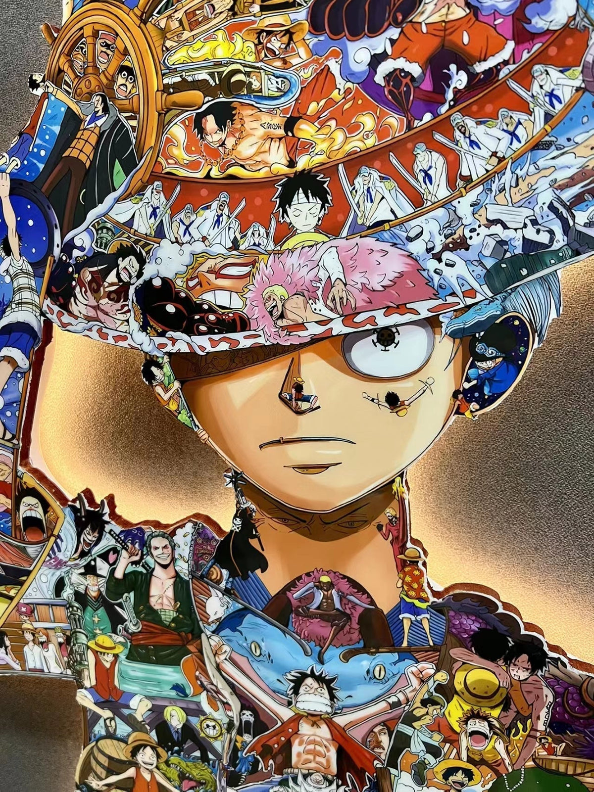 One Piece Luffy Collage LED Wall Art Decor, Anime Monkey D Luffy Wooden Cutout Backlit Wall Sign, Colorful Mosaic Character Collage Artwork, Anime Bedroom Wall Hanging Decoration, One Piece Fan Collectible Gift
