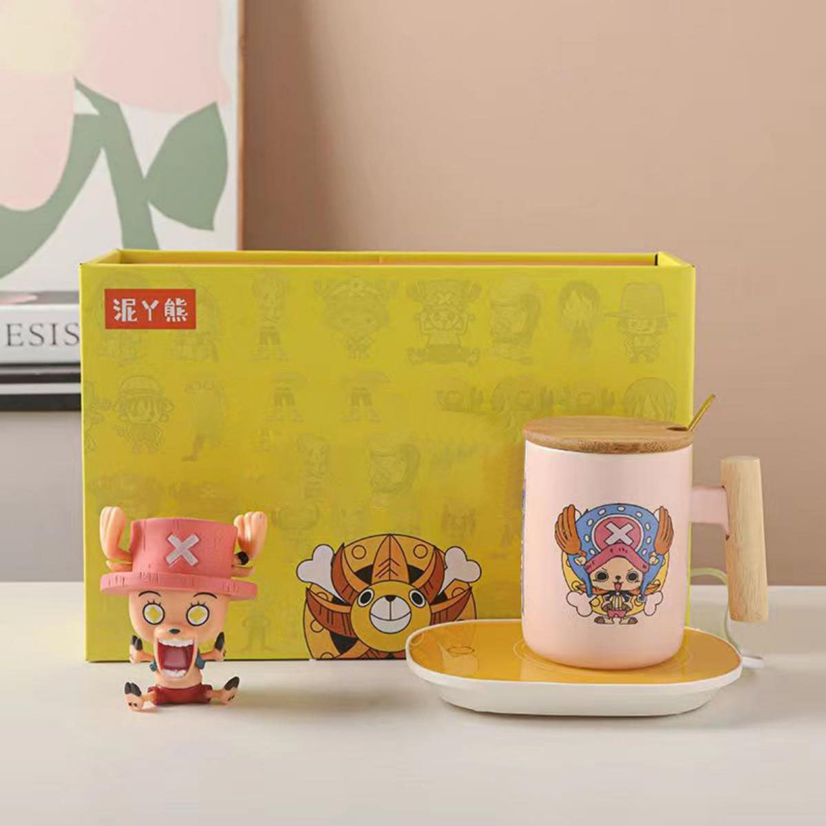 One Piece Anime Ceramic Mug with Wooden Handle, Luffy Chopper Zoro Cartoon Coffee Cup with Bamboo Lid & Spoon, Anime Water Cup Gift Set for One Piece Fans