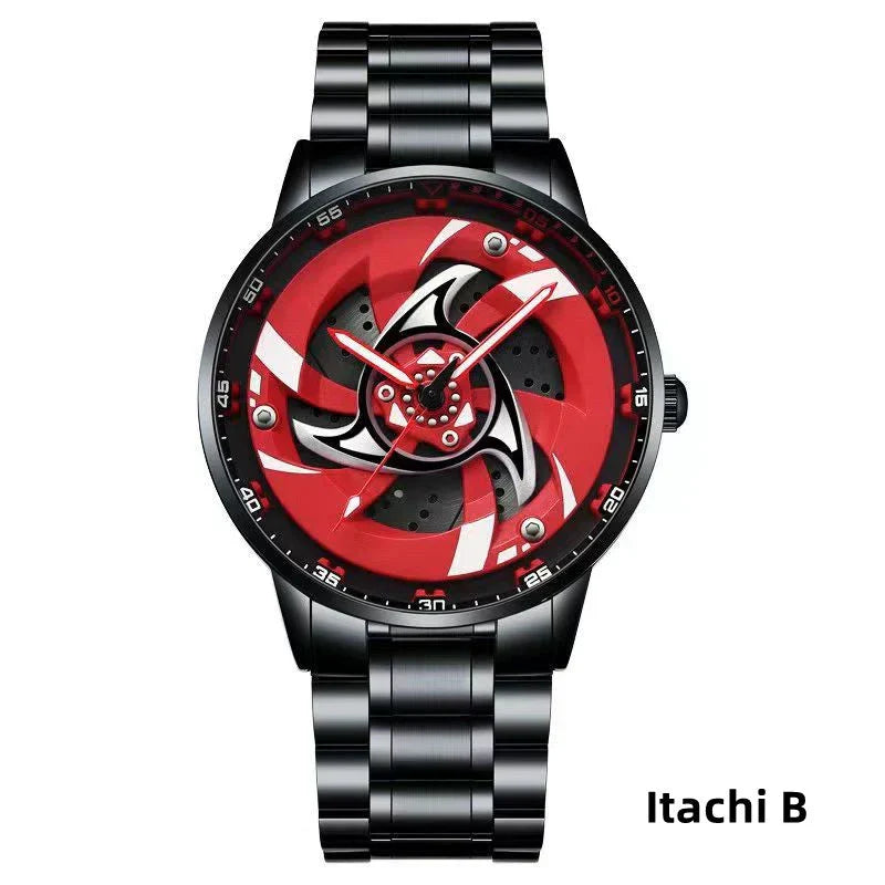 Naruto Sharingan Anime Watch for Men, Uchiha Sasuke Madara Rotating Sharingan Dial Wrist Watch, Stainless Steel Band Quartz Watch, Anime Cosplay Accessory, Collectible Gift for Naruto Fans