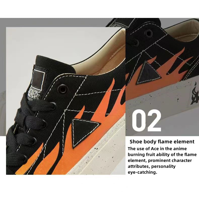 One Piece Ace Low Top Canvas Sneakers for Men Women, Black Orange Flame Graphic Portgas D Ace Anime Skate Shoes, Unisex Lace-Up Thick Ribbed Cookie Sole Streetwear Casual Walking Shoes, Anime Fan Collectible Gift