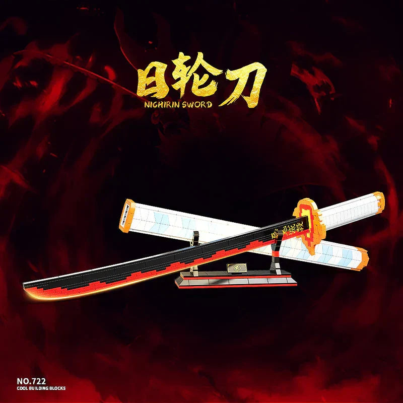 Demon Slayer Nichirin Sword Building Block Set, Rengoku Kyojuro Katana Model with Stand, Anime Samurai Blade Bricks Kit, DIY Assembly Collectible Display Toy Gift for Demon Slayer Fans