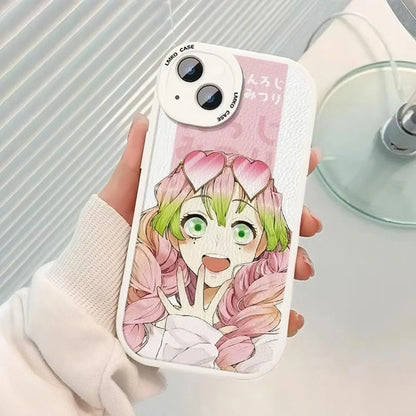 Demon Slayer Mitsuri Kanroji Anime Phone Case, Love Hashira Pink Cartoon Print Sheepskin Texture Soft Shockproof Protective Phone Cover, Cute Anime Phone Shell for iPhone, Kimetsu no Yaiba Merch Gift for Fans