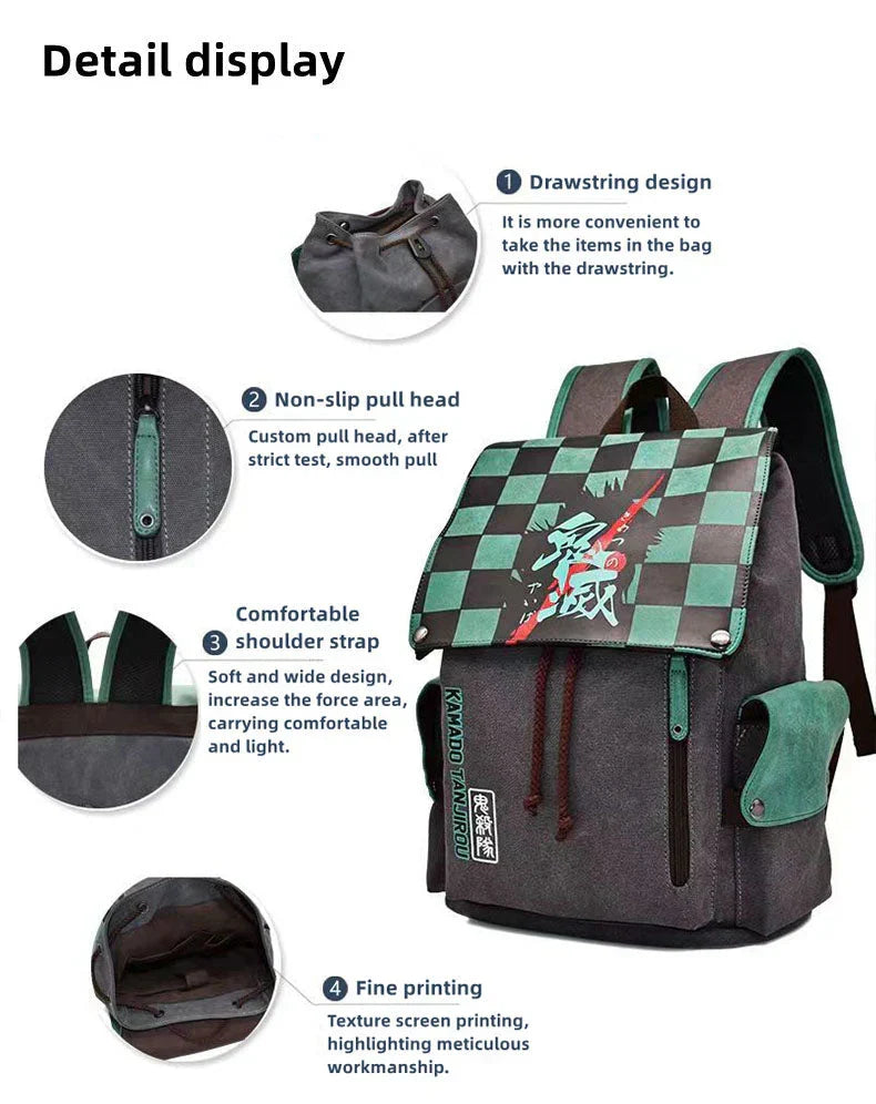 Demon Slayer Anime Flap Drawstring Backpack, Tanjiro Nezuko Zenitsu Inosuke Printed Rucksack, Large Capacity Canvas School Bookbag, Casual Travel Daypack, Anime Fan Gift Backpack