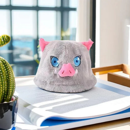 Demon Slayer Inosuke Hashibira Plush Bucket Hat, Kimetsu No Yaiba Boar Mask Anime Fisherman Hat, Cute 3D Character Cosplay Hat, Anime Fan Collectible Costume Accessory Gift