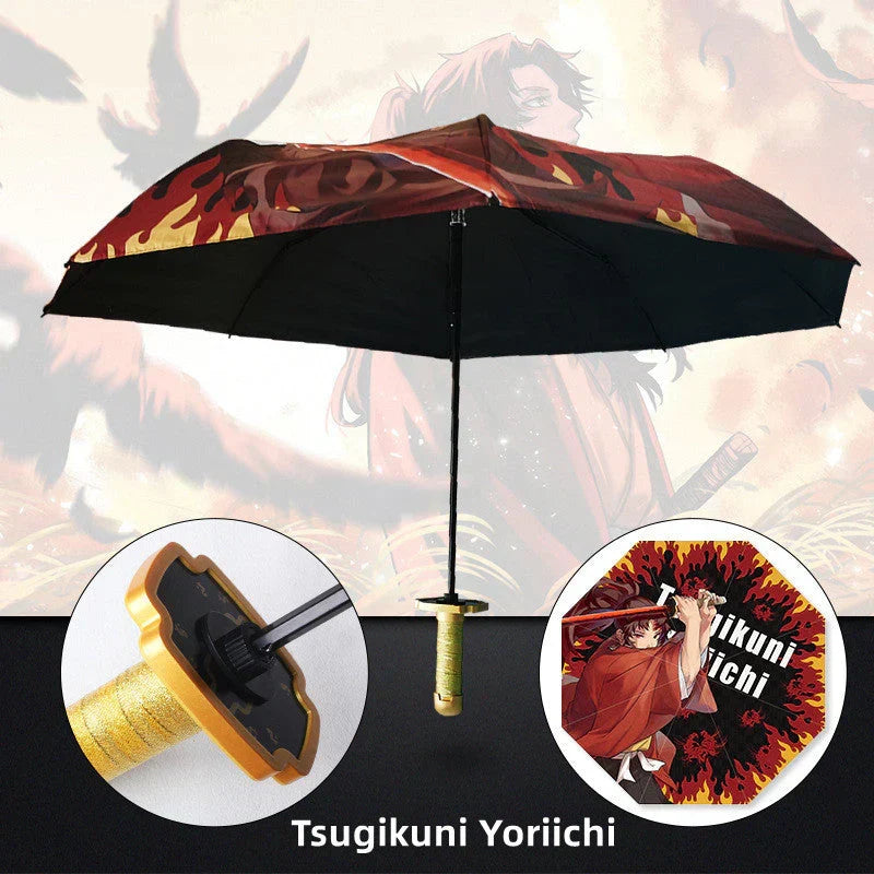 Demon Slayer Anime Katana Sword Umbrella, Nichirin Sword Shape Handle Folding Umbrella, Tanjiro Rengoku Shinobu Giyuu Printed Sun Rain Umbrella, Demon Slayer Merch Cosplay Gift for Anime Fans