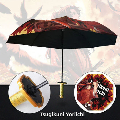 Demon Slayer Anime Katana Sword Umbrella, Nichirin Sword Shape Handle Folding Umbrella, Tanjiro Rengoku Shinobu Giyuu Printed Sun Rain Umbrella, Demon Slayer Merch Cosplay Gift for Anime Fans