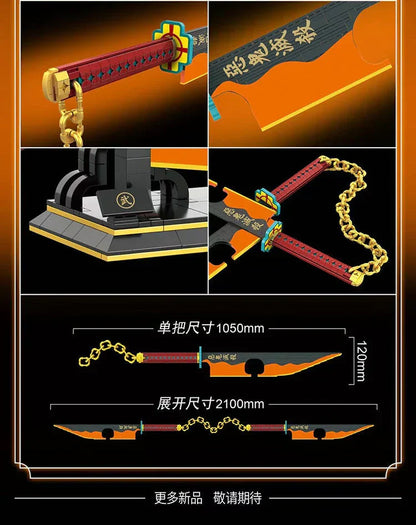 Demon Slayer Tengen Uzui Nichirin Sword Building Blocks Set, 1478Pcs Anime Double Blade Sword Model with Display Stand & Golden Chain, Interlocking Bricks Weapon Assembly Kit, Desktop Display Collectible Gift for Demon Slayer Fans
